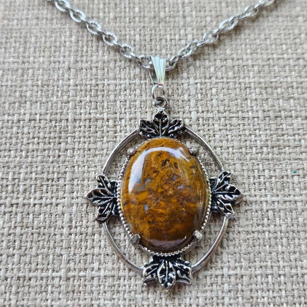 Vintage Pendant Women Necklace Brown Stone Silver Tone Chain Fashion Jewelry - Picture 9 of 12